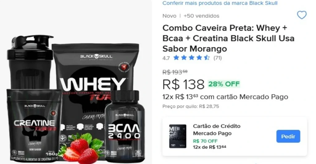 Combo Caveira Preta Whey + Bcaa + Creatina Black Skull